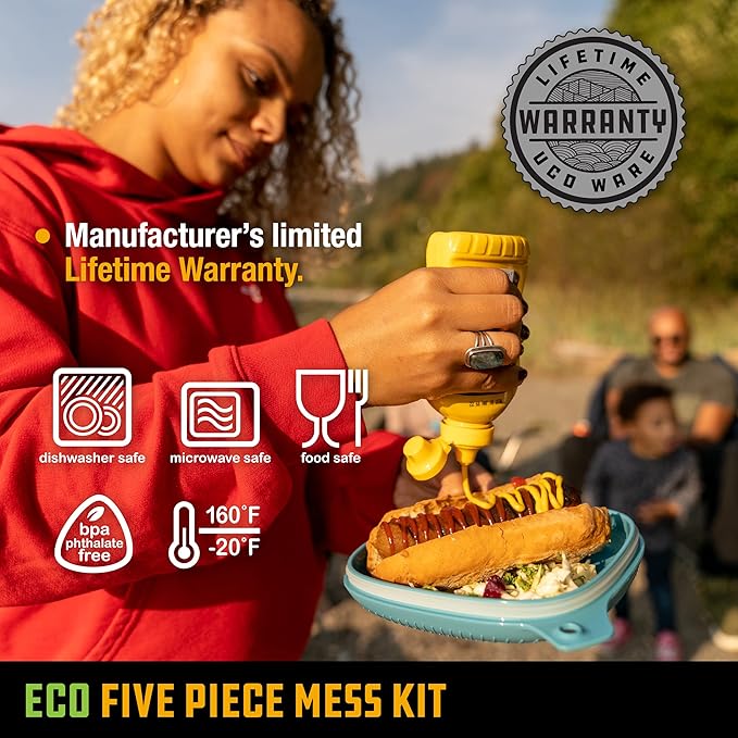 UCO Recycled ECO 5-Piece Camping Mess Kit with Bowl, Plate, Switch Spork Utensil Set