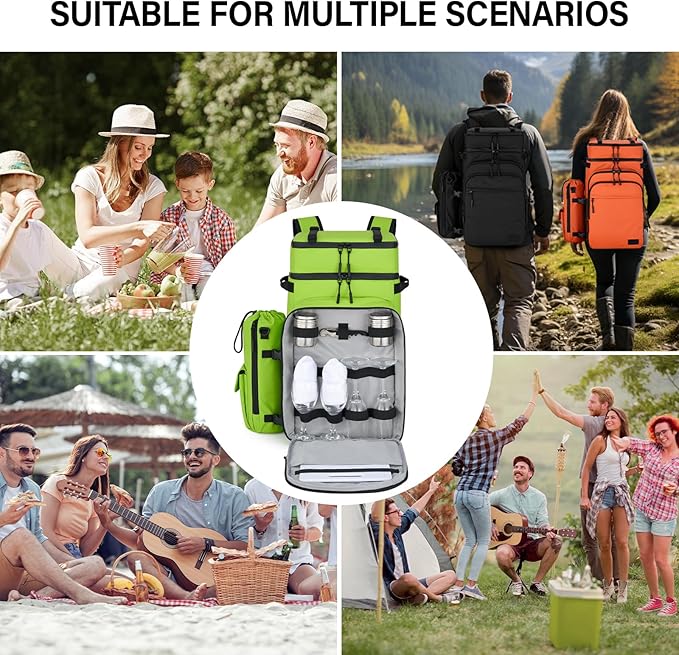Backpack Cooler, 40 Cans Soft Leak Proof Picnic Backpack, Hanke Portable 2 Insulated Compartments Cooler Backpack Water Resistant for Lunch Beach Travel Camping Picnic Hiking (Green)