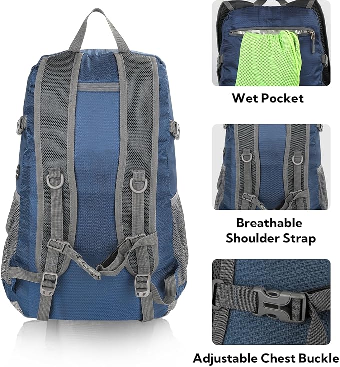 WATERFLY Lightweight Packable Hiking Backpack: 30L Foldable Travel Daypack Ultralight Camping Day Pack for Woman Man