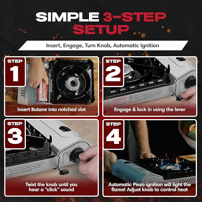 Chef Master 15,000 BTU Butane Portable Camp Stove + 4x 8oz Butane Canisters | Double Wind-Guard Portable Stove Burner w/Piezo Ignition for Emergencies, Tailgating, Hiking & Camping Essentials - 90019