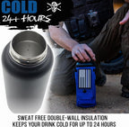 Iron Infidel Battle Bottle - 32 Oz Insulated Water Bottle with Straw Lid & Chug Cap, Stainless Steel Metal Flask Includes Rugged, Removable Sleeve for Keys, Wallet, & Phone (Thin Blue Line 1 Liter)