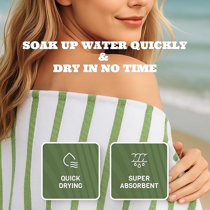 White Classic Cotton Pool Towels Oversized 30 x 60 Inches, Ultra Absorbent and Low Lint Striped Beach Towels for Adults, Stripes Design Luxury Extra Large Bath Towels, Green, 4 Pack