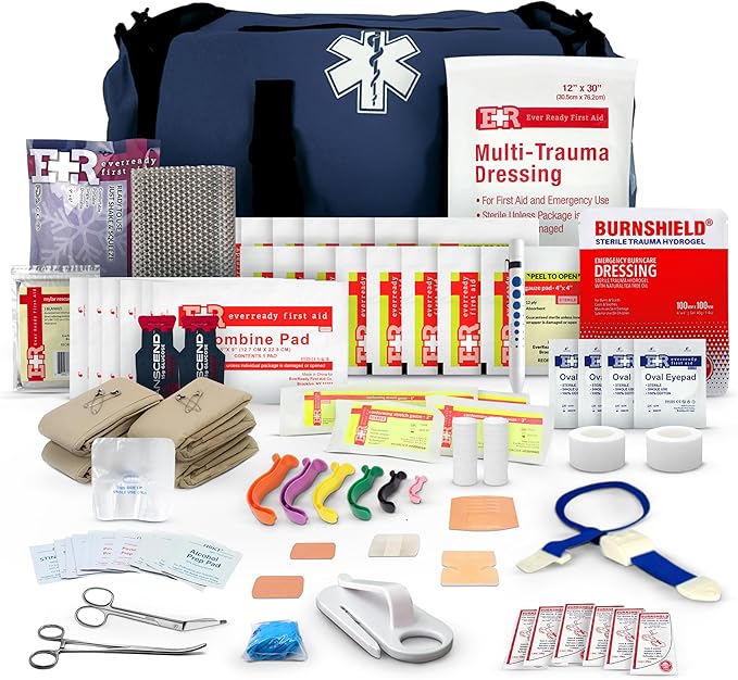 First Responder Trauma First Aid Kit Bag – Fully Stocked Emergency Medical Kit for Workplace, Vehicle & Home – OSHA & ANSI Compliant – Portable – Blue