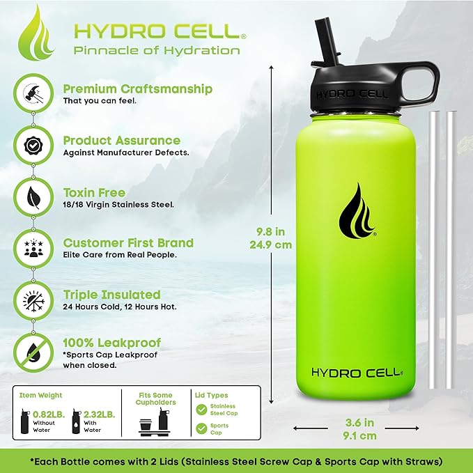 HYDRO CELL Stainless Steel Insulated Water Bottle with Straw - For Cold & Hot Drinks - Metal Vacuum Flask with Screw Cap and Modern Leakproof Sport Thermos for Adults (Neon 32oz)