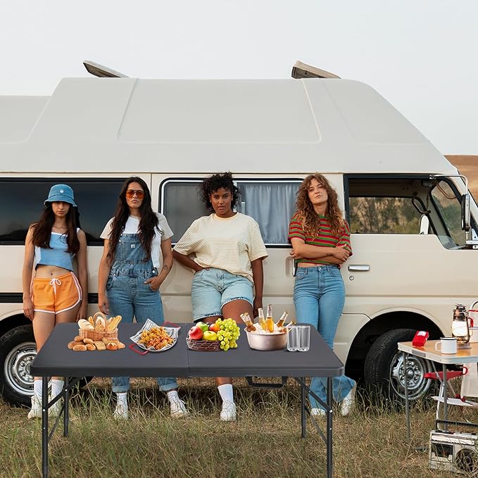 4 FT Folding Table with Carry Handle, Portable Fold-in-Half Plastic Table, Rectangle Foldable Table for Indoor/Outdoor Black