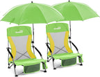 Folding Beach Chair with Umbrella for Adults, 2 Pack Portable Low Beach Chairs with 300lbs Capacity, Lightweight Fodable Camping Chair for Travel, Picnic, Concert & Outdoor Activities,Green-Yellow