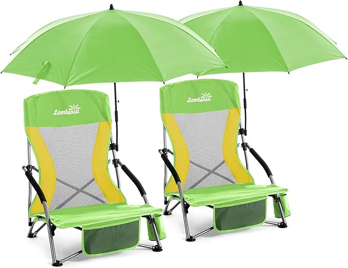 Folding Beach Chair with Umbrella for Adults, 2 Pack Portable Low Beach Chairs with 300lbs Capacity, Lightweight Fodable Camping Chair for Travel, Picnic, Concert & Outdoor Activities,Green-Yellow