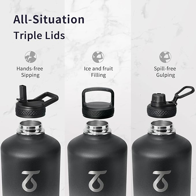 Trebo One Gallon Water Bottle Insulated with Paracord Handle,128oz Stainless Steel Sports Large Jug Food-grade Double Wall Vacuum with Straw Spout Handle Lids, Leakproof Keep Cold & Hot, Dark Gray