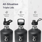 Trebo One Gallon Water Bottle Insulated with Paracord Handle,128oz Stainless Steel Sports Large Jug Food-grade Double Wall Vacuum with Straw Spout Handle Lids, Leakproof Keep Cold & Hot, Dark Gray