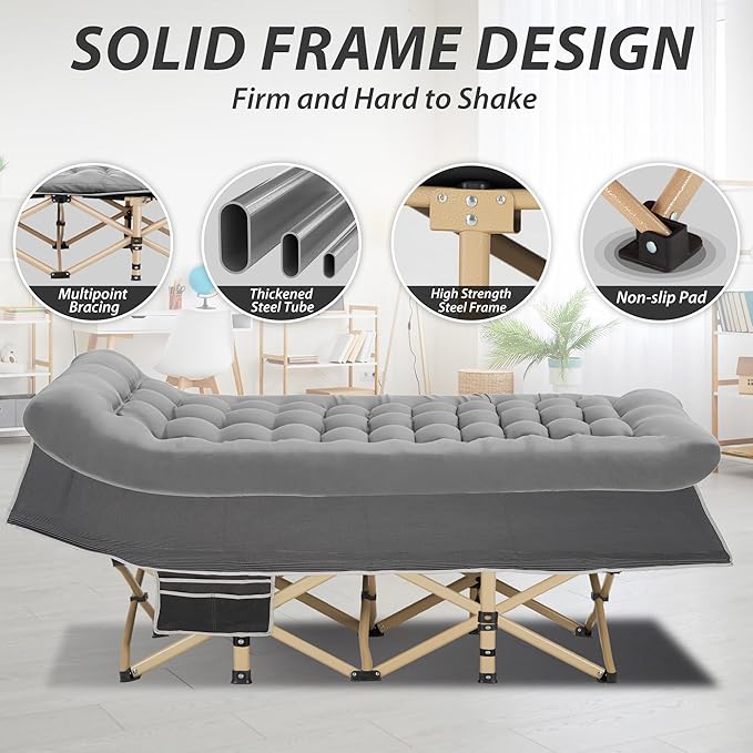 Folding Camping Cot for Sleeping, Portable Cots for Adults, Heavy Duty Cot Bed 550LBS(Max Load), Extra Wider Cots with Large Pocket for Outdoor, Office, Beach