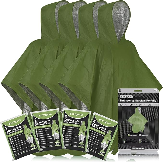 aZengear Emergency Survival Poncho (4pc) Thermal Mylar Foil Blanket for Heat Retention and Rain | Reversible with Hood | Waterproof, Windproof, Portable, Hands-Free, Outdoor Kit (Green)