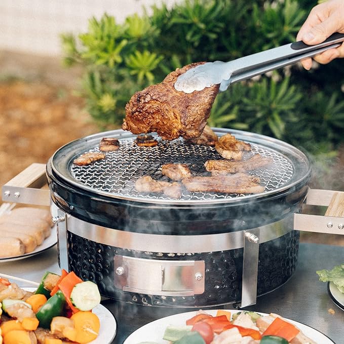 Onlyfire Ceramic Hibachi Charcoal Grill with Grid Lifter, 14" Portable BBQ Yakitori Grill with Stainless Steel Grate for Outdoor Patio Backyard Barbecue Cooking, GS305
