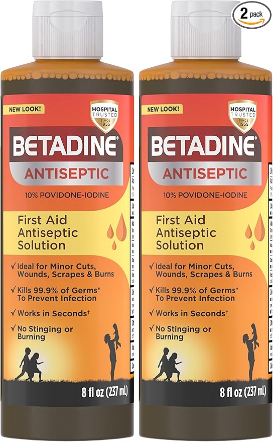 Betadine Antiseptic Liquid First Aid Solution, Povidone-Iodine 10%, Kills Germs in Minor Cuts Scrapes & Burns, No Sting Promise, No Alcohol or Hydrogen Peroxide, 8 FL OZ (Pack of 2)