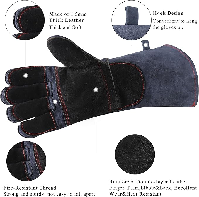 Fireplace Gloves Fire Heat Resistant: Dark-Grey 16IN 932℉ - Fireproof Leather for Fireplace Fire Pit Wood Stove Campfire Furnace BBQ Grill Oven Stick Mig Welding Welder Gear - Birthday Gift XL