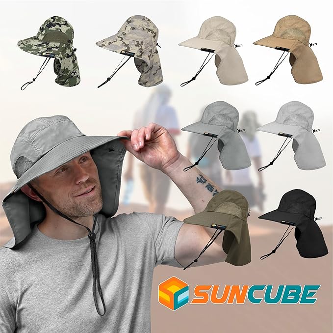 SUN CUBE Wide Brim Sun Hat with Neck Flap, UPF50+ Hiking Safari Fishing Hat for Men Women, Sun Protection Beach Hat