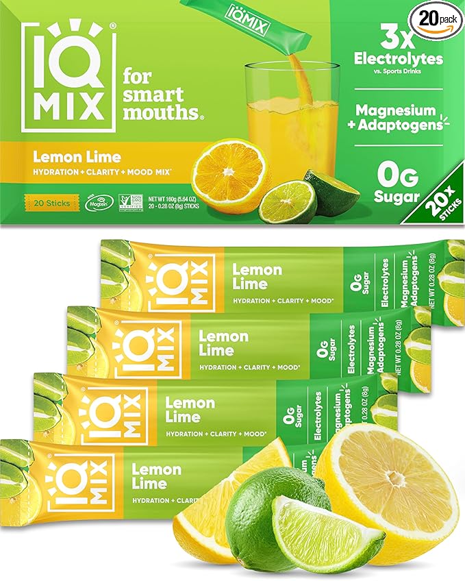 IQMIX Hydration Electrolyte Powder – 4-in-1 Formula for Hydration, Mental Clarity, Mood and Recovery – Sugar-Free Drink Mix, Keto, Magnesium L-Threonate, Lion’s Mane – 20 Count Lemon Lime