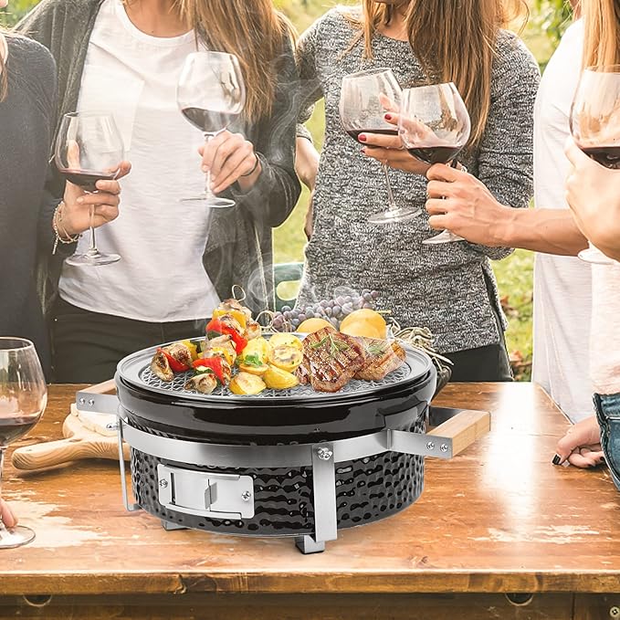 Onlyfire Ceramic Hibachi Charcoal Grill with Grid Lifter, 14" Portable BBQ Yakitori Grill with Stainless Steel Grate for Outdoor Patio Backyard Barbecue Cooking, GS305