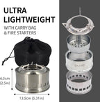 Portable Camping Stove with 3 Fire Starters – Stainless Steel Wood Burning Mini Camp Stove, Foldable with Carry Bag, for Backpacking, Hiking, Traveling, Emergency, Outdoor BBQ, and Picnic