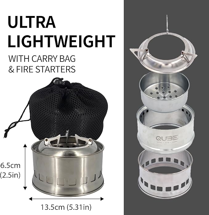 Portable Camping Stove with 3 Fire Starters – Stainless Steel Wood Burning Mini Camp Stove, Foldable with Carry Bag, for Backpacking, Hiking, Traveling, Emergency, Outdoor BBQ, and Picnic