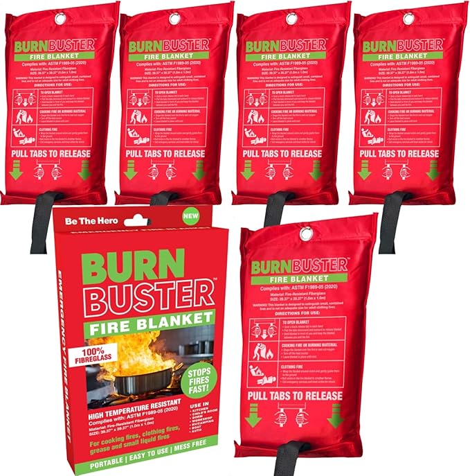 5-Pack Emergency Fire Blanket - ASTM Certified Fire Suppression Blanket for Home, Kitchen, Grill, Camping, Car & More - 40" x 40" Flame Retardant Fabric, No Mess, Easy Deployment