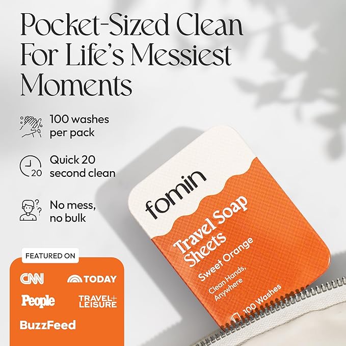 FOMIN - Antibacterial Paper Soap Sheets Tin for Traveling - (100 Sheets) Orange Portable Travel Hand Soap Sheets, Dissolvable Mini Camping Hand Soap for Hand Washing