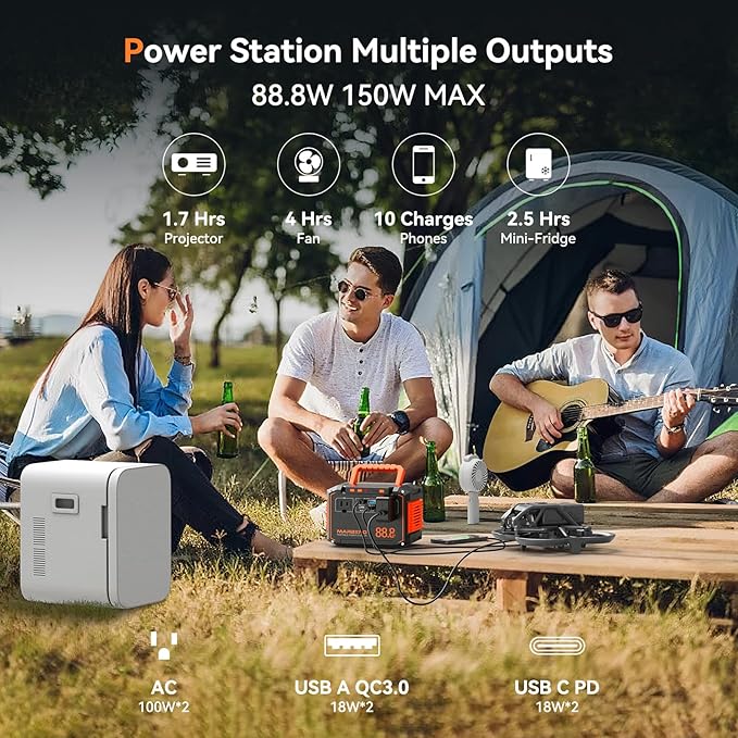 MARBERO 88.8Wh Portable Power Station with 30W Solar Panel 150W Peak Camping Solar Generator Power Bank with AC Outlet(2*AC,2*USB A, 2*USB C,) for Outdoor Travel Home Emergency Blackout Hurricane