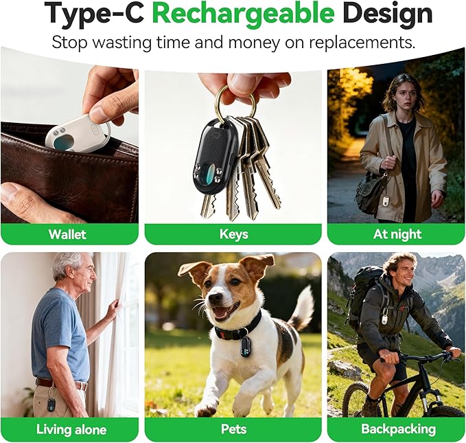 TECKNET 3-in-1 Air Tracker Tag 4-Pack (iOS Only), Rechargeable Smart Bluetooth Tracker, 100dB Alarm & Hidden Camera Detection, Compatible with Apple Find My, Item Finder for Keys, Luggage, Wallet, Pet