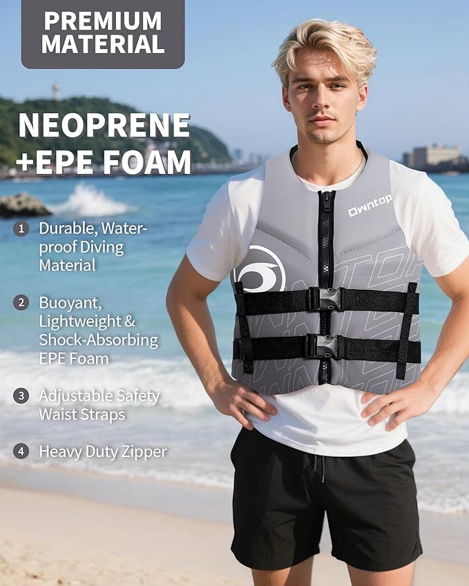 Owntop Swim Vest Adult Water Sport Vest Neoprene Floaties for Swimming, Boating, Kayaking, Fishing | Adjustable Zipper Dual Buckle Foldable Buoyancy Jacket