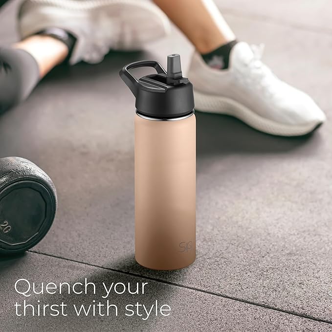 SipX™ Triple-Insulated Stainless Steel Water Bottle 18oz. With 3 Lids, BPA-Free Reusable Insulated Water Bottle Keeps Cold 24 Hours, (Peach)