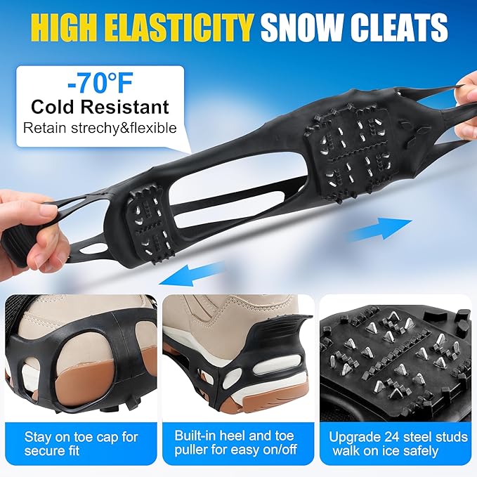 Ice Cleats for Shoes and Boots Men Women Snow Traction Cleats Crampons Anti Slip Shoe Grippers Spikes for Snow Ice Winter Walking Non-Slip 24 Studs Overshoe Slip-on Stretch Footwear