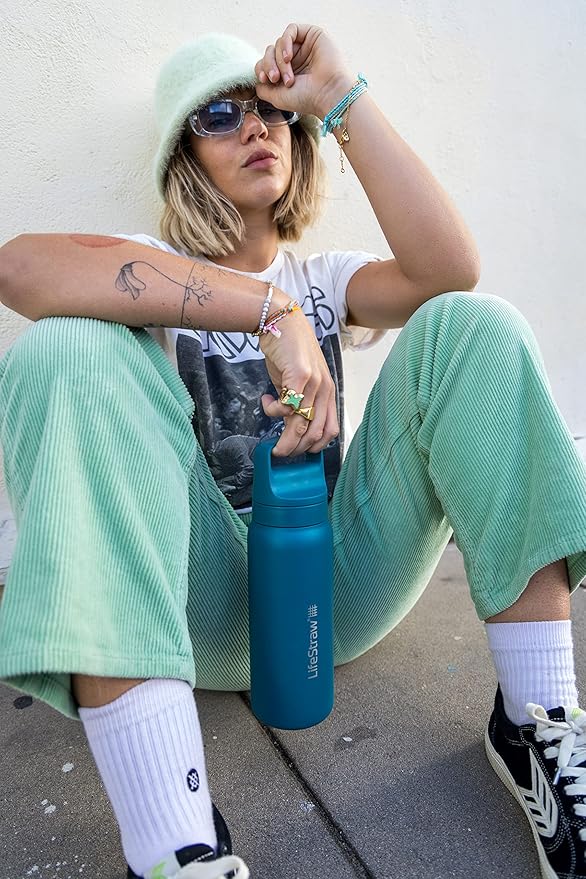 LifeStraw Go Series — Insulated Stainless Steel Water Filter Bottle for Travel and Everyday Use Removes Bacteria, Parasites and Microplastics, Improves Taste, 24oz Laguna Teal