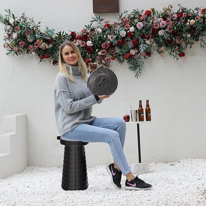 ALEVMOOM Collapsible Stool with Cushion, Portable Telescoping More Sturdy Load Capacity 200kg, Retractable Adjustable Camping Folding Stool for Outdoor Hiking BBQ Climb