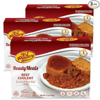 KJ Poultry Kosher Ready Meals - Beef Chulent & Kugel, MRE Meat Meals Ready to Eat, Shabbos Food (3 Pack) Prepared Entree Fully Cooked, Shelf Stable Microwave Dinner Travel, Military, Camping, Survival