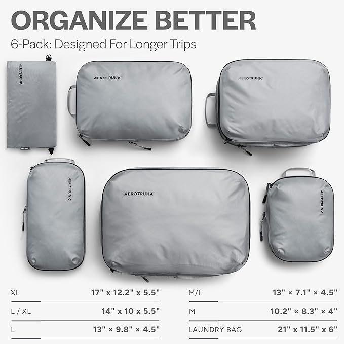 Ultralight Compression Packing Cubes - Lightweight Travel Organizers for Suitcases and Luggage (6-Pack, Light Grey)