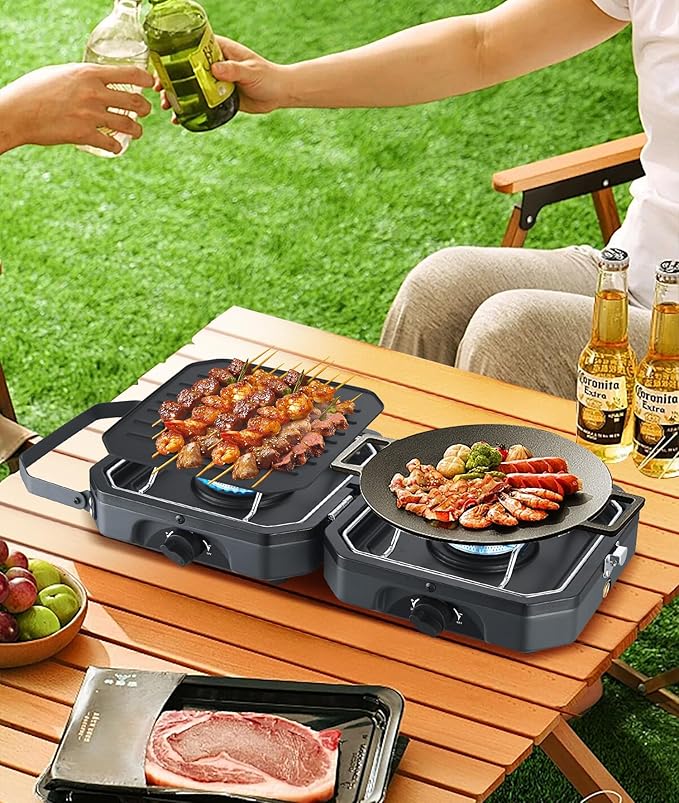 Nice C Camping Stove, Portable Camping Stove Propane, 2 Burner Propane Stove with Grill, Camp Stove, 16,000 BTU Camp Stove with 2 Burner, Grill & Carry Bag for Camping