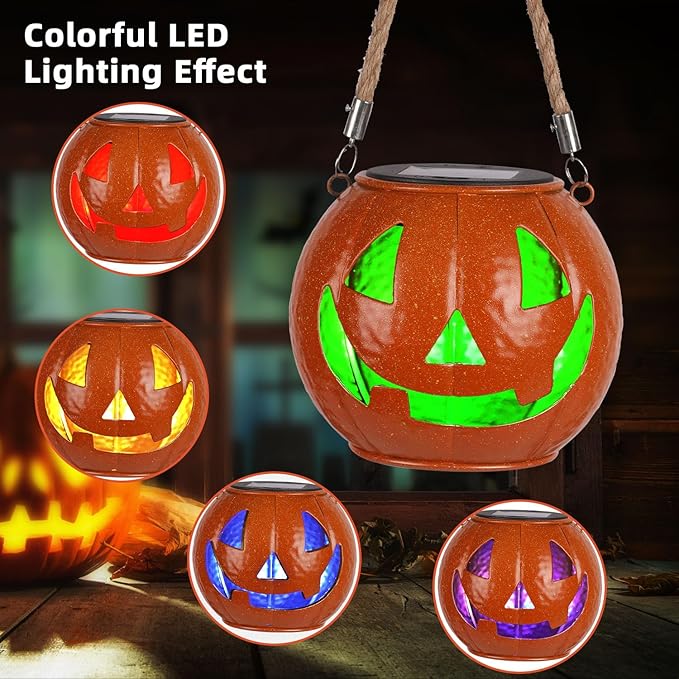 Jack O Lantern Decor Solar Light Color Changing Metal Pumpkin Halloween Lanterns Outdoor for Yard, Patio, Lawn, Porch, Garden Decorations