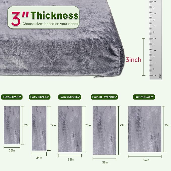 Memory Foam Camping Mattress pad,3 Inch Thick Floor Sleeping Mat Pad for Adults with Waterproof and Non-Slip Bottom, Portable Roll Up Mattress for Sleepover Guest