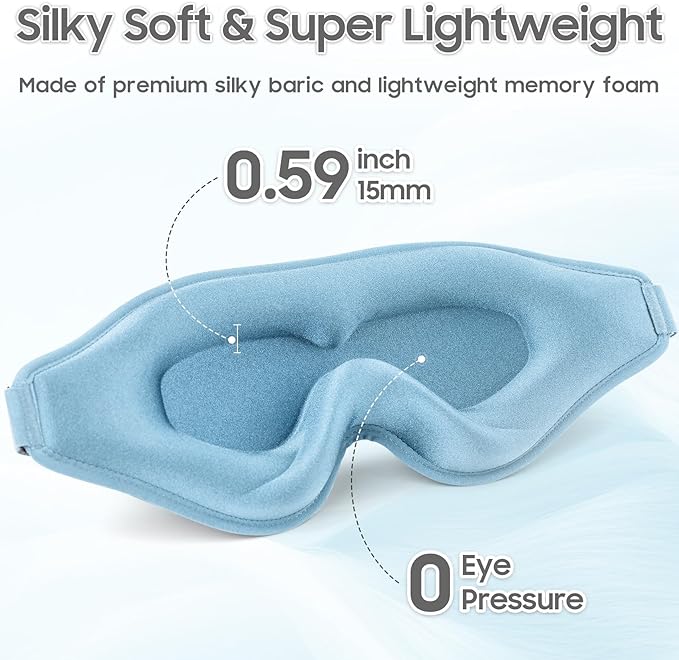Sleep Mask - Total Blackout 3D Sleeping Mask, Super Lightweight & Silky Soft Eye Mask for Sleeping, Fully Adjustable Fit for Home, Office, Traveling, Meditation, Yoga, Light Blue
