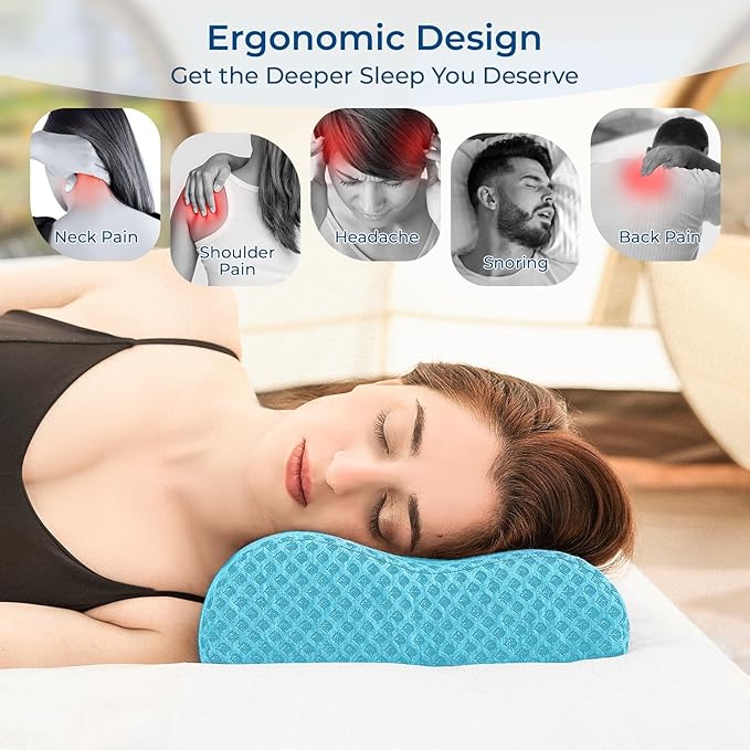 Travel Pillow Memory Foam Pillows, Ergonomic Wave Cervical Neck Pillow for Neck Pain Relief, Compressible Medium Firm Side Sleeper Pillow, Ideal for Camping, Office, Home & Bed (Light Blue, L)