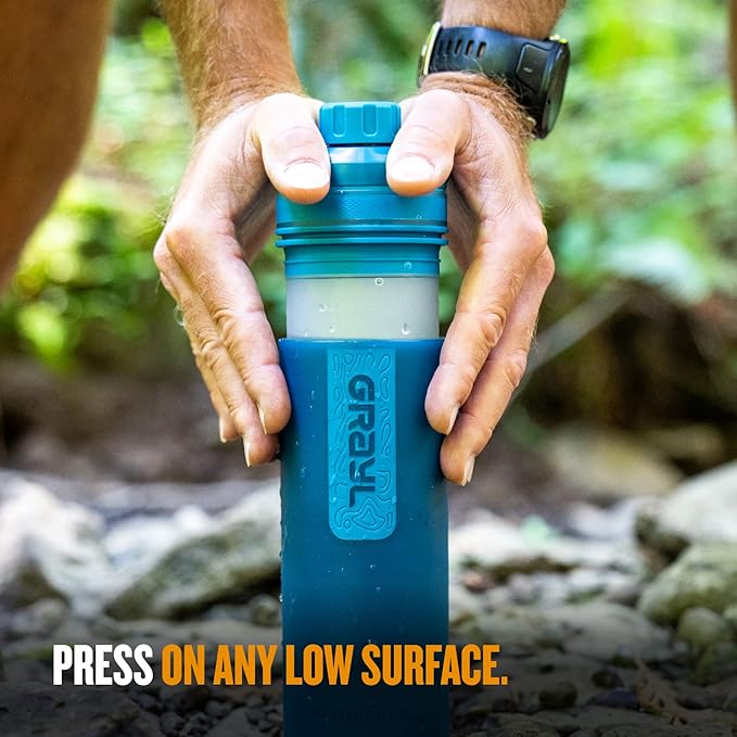 GRAYL UltraPress Water Purifier & Filter Bottle for Hiking, Backpacking, and Travel (Forest Blue)