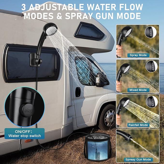 Portable Shower for Camping, Rechargeable Camping Shower with Collapsible Bucket with Handle 20L Intelligent LED Display, 4 Spray Modes, Outdoor Shower Kit for Hiking, Travel, Car, Pet 【Black】