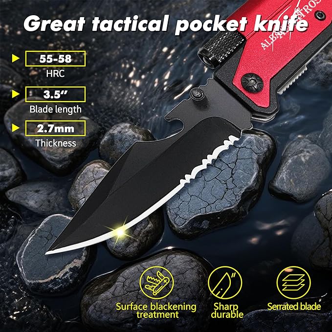 ALBATROSS 7-in-1 Folding Pocket Knife with Glass Breaker, Seatbelt Cutter, Serrated Blade, LED Flashlight, Fire Starter & Bottle Opener - Emergency & Outdoor Tool with Pouch (Red) FK01-RD