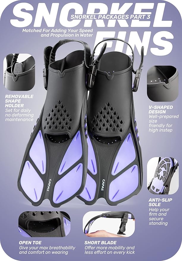 CAPAS Snorkel Mask Fins Set, Travel Size Snorkeling Gear for Adults with Adjustable Fins, Diving Mask and Dry Top Snorkel, Come with a Carrying Bag