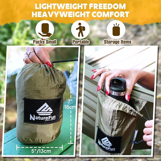 NATUREFUN Ultra-Light Travel Camping Hammock | 300kg Load Capacity,Breathable,Quick-Drying | 2 x Premium Carabiners,2 x Nylon Slings Included | Outdoor Indoor Garden