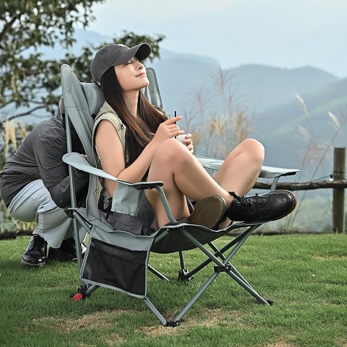 2-in-1 Reclining Camping Chair, Portable Folding Beach Lounge Chair with Footrest & Adjustable Backrest, Comfortable Lawn Chair for Adults Heavy Duty with Cup Holder for Outdoor Poolside Sports
