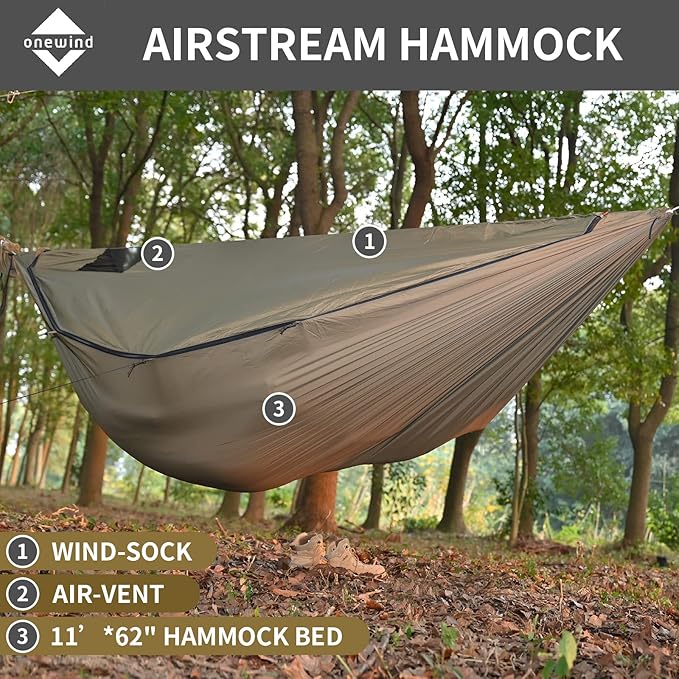 Onewind Airstream Camping Hammock with Mosquito Net and Windsock, Portable Hammock with Tree Straps and Bugnet for Winter Camping, Hiking, Backpacking, OD Green