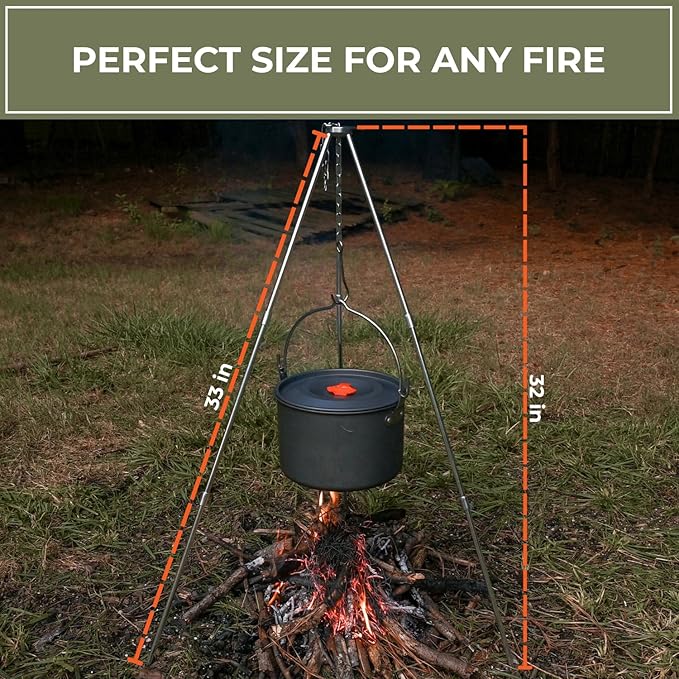 Tactiko Survival Campfire Cooking Tripod – 33" Stainless Steel Folding Stand with Adjustable Chain – Compact & Lightweight Outdoor Gear for Hanging Kettles, Pots & Percolators – Carry Bag Included
