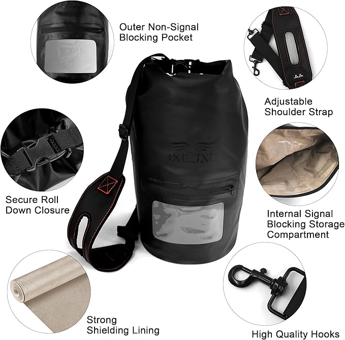 JXE JXO 15L Waterproof Faraday Dry Bag for Electronic Device Security | Military-Grade EMP & RFID Signal Blocking, Anti-Tracking & Hacking Protection, Data Privacy Shield for Mobile Devices