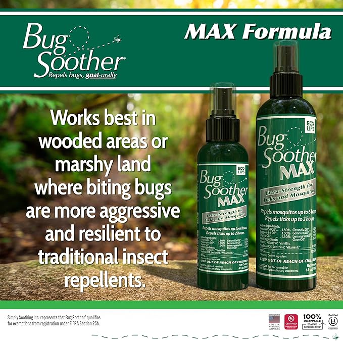 Bug Soother MAX - Extra Strength Natural Gnat, Tick, and Mosquito Repellent, 2 Pack 8 fl oz w/Free 1 oz. DEET-Free Bug Spray Deterrent - Safe for Adults & Environment - Made in USA