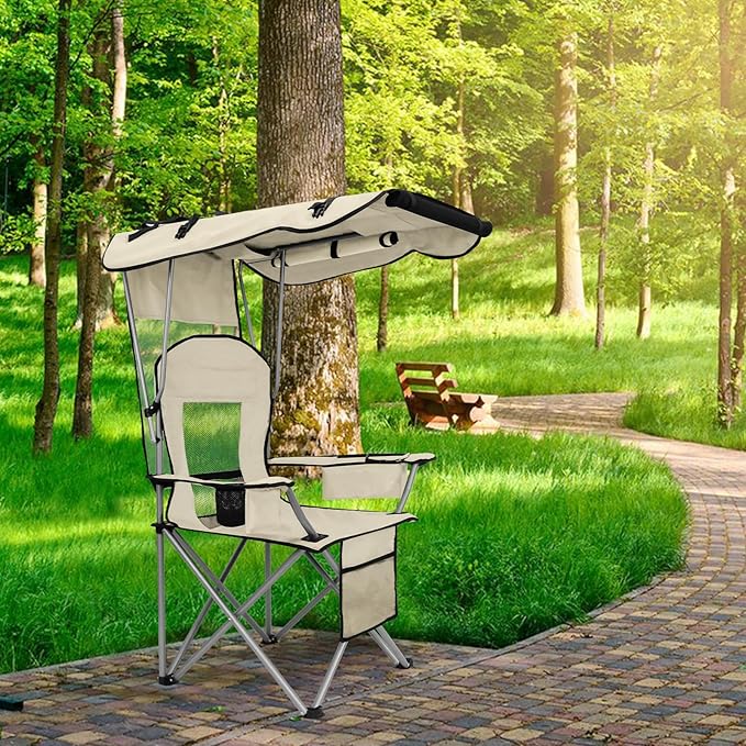 BDL Camping Chair with Canopy Shade Portable Folding Beach Chairs with Cooler, Mesh Backrest, Cup Holder, and Pocket for Camping, Fishing, Beach, and Sports,White